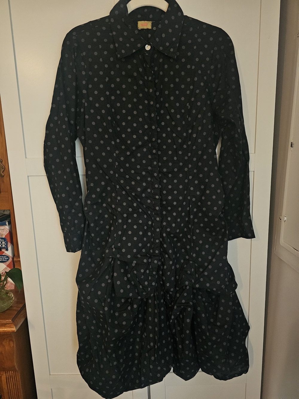 Tulip Lagenlook Black & Gray Polka Dot Crinkle Balloon Hem Shirt Dress Small